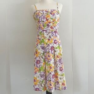 LATINA LIFE 100% Cotton Purple Floral Pleat Spaghetti Strap Fit Flare Dress S 12